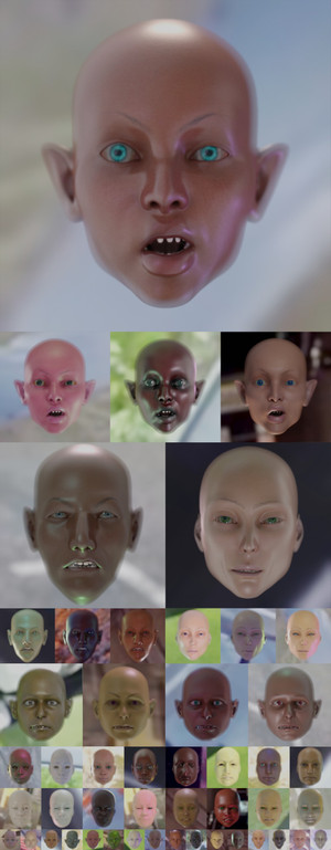 A grid of uncanny off-kilter faces generated with 3D software. Each face is centered in a tile with varying facial features and skin tones. All of the faces are bald with sharp lighting.
